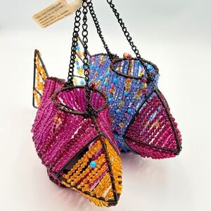 Pier 1 Imports Hanging Beaded Fish Tea Light Candle Holder Purple Pink Blue Boho